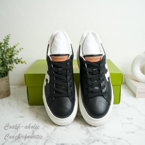 NIB Tory Burch Signature Color Block Platform Leather Sneaker Shoes in Black - Picture 3 of 12